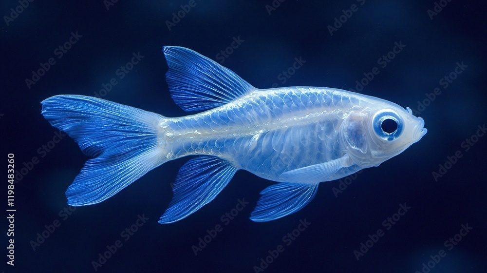 A rare albino fish with translucent fins gliding through mysterious deep ocean waters, illuminated faint, soft blue light. A rare albino fish with translucent fins gliding through mysterious deep ocean waters, illuminated faint, soft blue light.