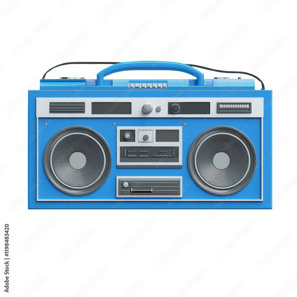 Fototapeta premium A vibrant blue retro boombox with large speakers is shown against a plain white background.