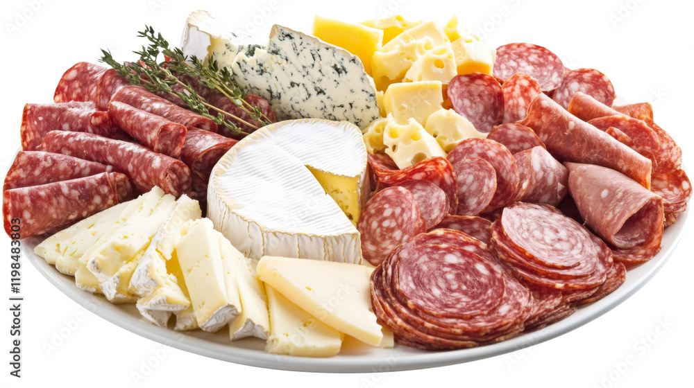 Meat and cheese platter white plate ham and salami, isolated on transparent background Meat and cheese platter white plate ham and salami, isolated on transparent background
