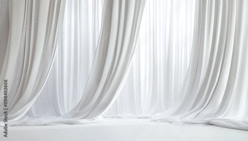 Elegant white curtains with soft light streaming through, creating a serene and minimalist scene. Elegant white curtains with soft light streaming through, creating a serene and minimalist scene.