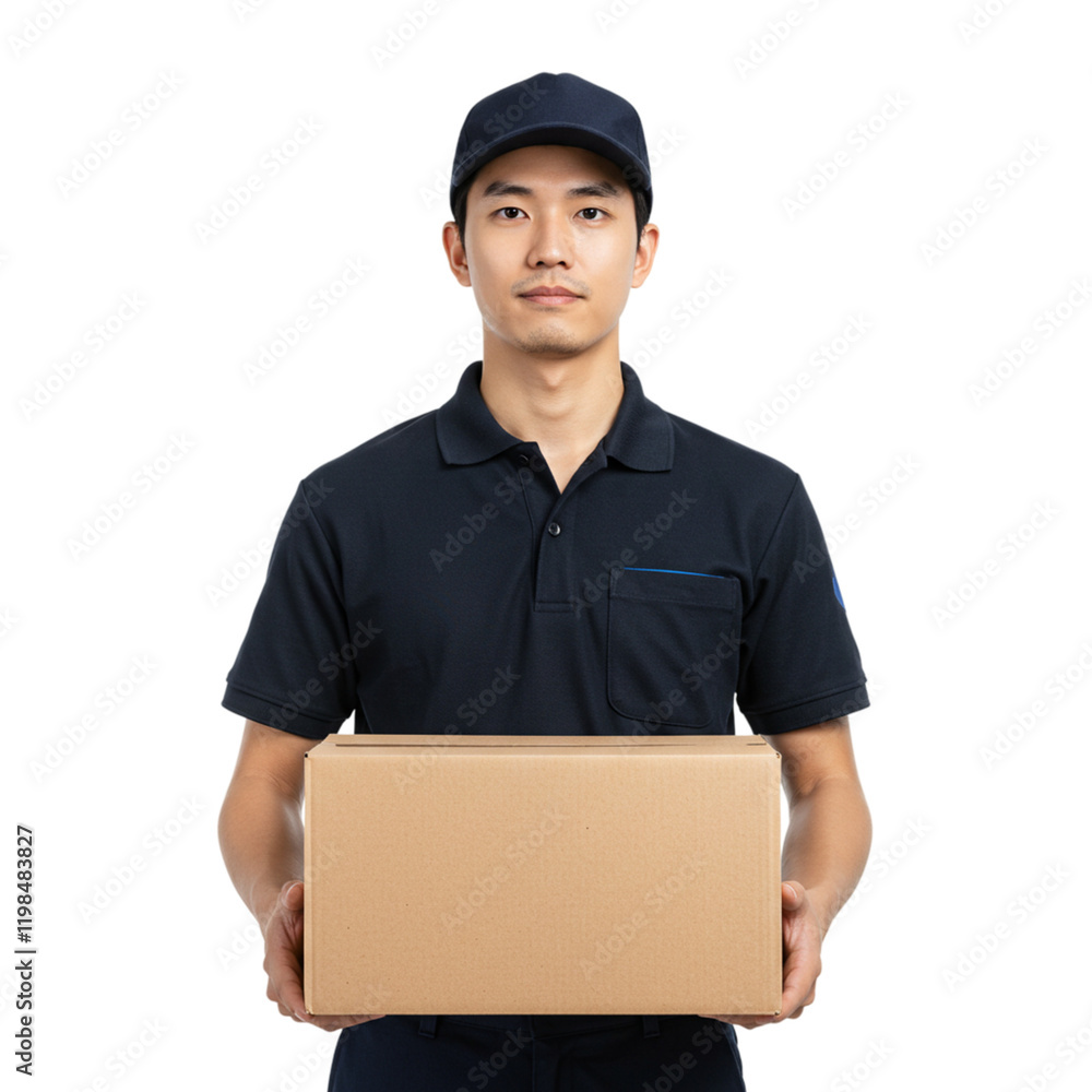 Delivery Man Holding Cardboard Box Package Uniform Black Shirt cap male cargo adult person worker studio Delivery Man Holding Cardboard Box Package Uniform Black Shirt cap male cargo adult person worker studio