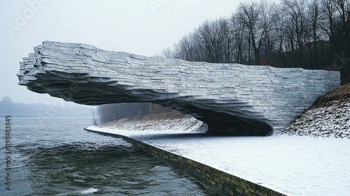 Abstract Stone Structure Overlooking Winter River photo