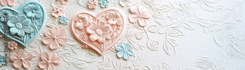 An intricate Valentine card design with embossed floral patterns and handwritten calligraphy, soft pastel colors