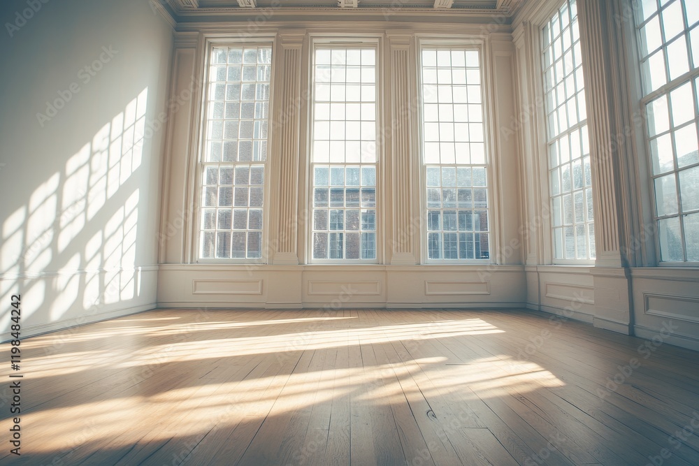 Fototapeta premium Sunlit empty room with hardwood floor and large windows.