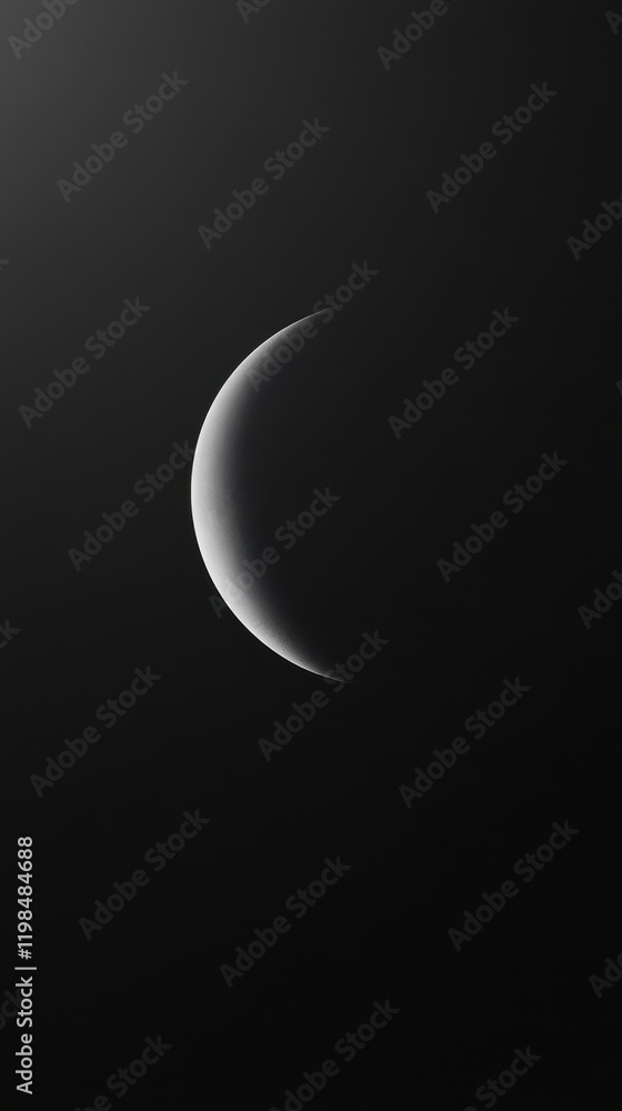 Thin Crescent Moon in Dark Night Sky, Minimalist Space Scene. Thin Crescent Moon in Dark Night Sky, Minimalist Space Scene.