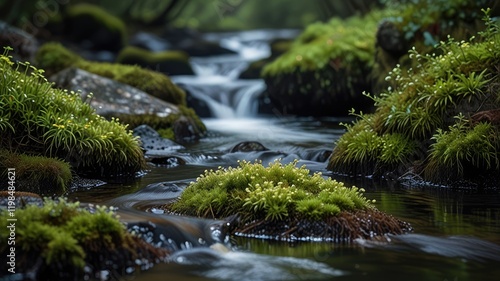 lichen moss,Lichen and Moss Growing on Wet Rocks by a Stream

