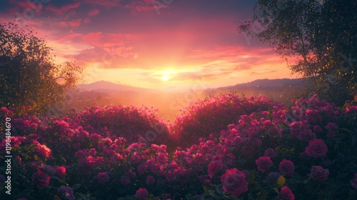 Artistic concept of a rose garden forming a heart shape, glowing pink sky, magical fairytale atmosphere