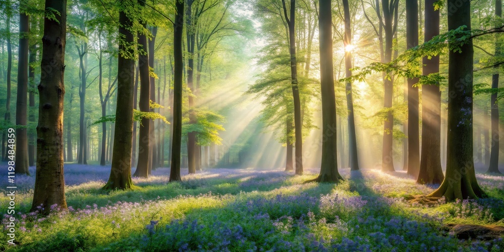 Obraz premium Golden sunlight streams through a tranquil forest, illuminating a carpet of vibrant wildflowers in a breathtaking morning scene.