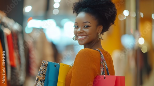 Happy Woman Shopping With Colorful Bags In Mall photo