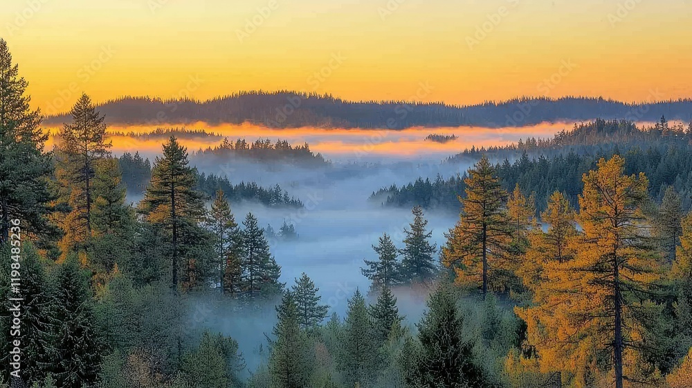 Fototapeta premium Sunrise Fog Over Coniferous Forest Valley