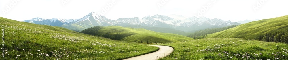 Fototapeta premium Winding road through grassy hills and snow-capped mountains.