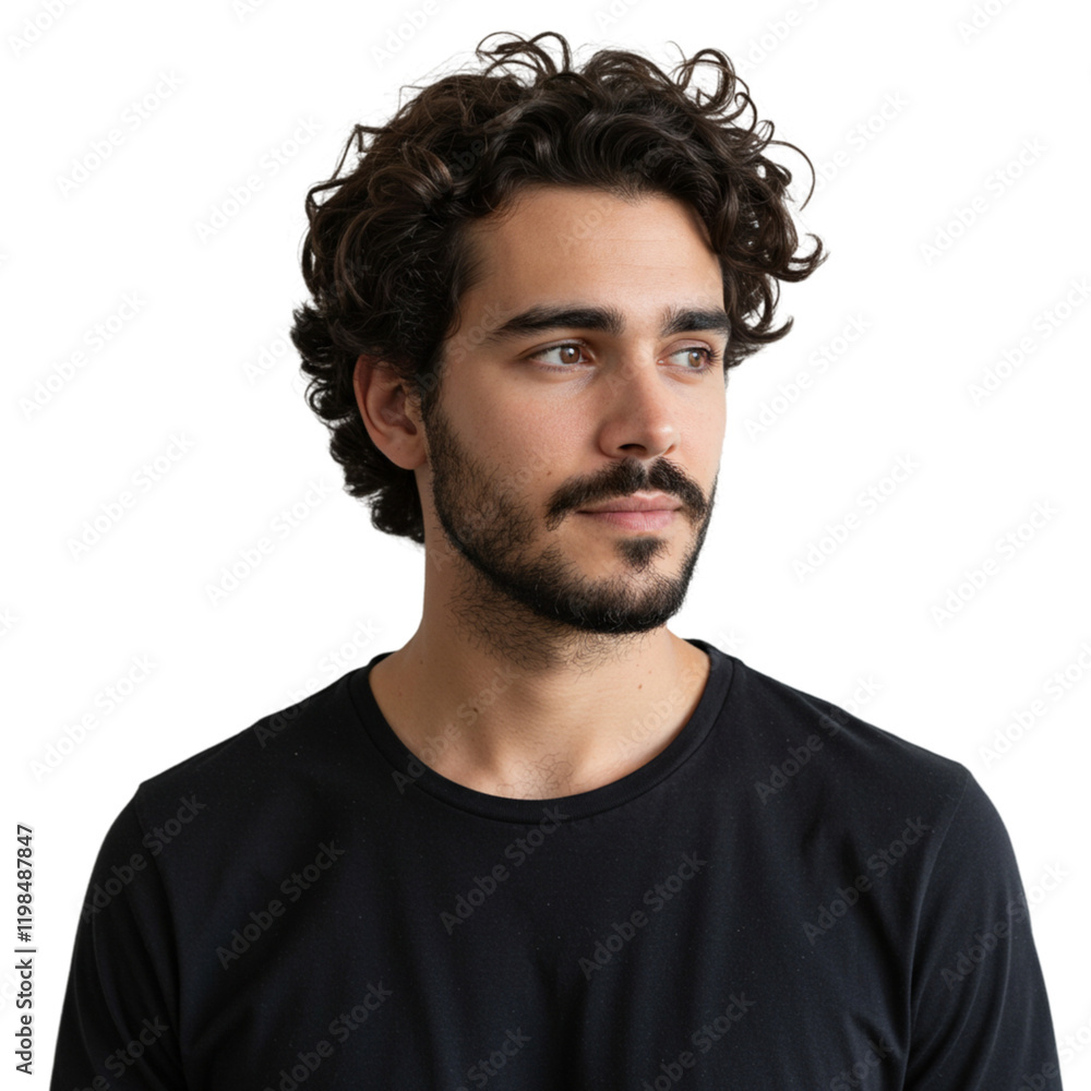 Portrait of a Handsome Young Man with Curly Hair Dark TShirt Black Background Studio Shot Serious Expression Portrait of a Handsome Young Man with Curly Hair Dark TShirt Black Background Studio Shot Serious Expression