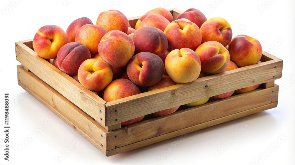 Wooden Crate Filled with Fresh Peaches - A rustic wooden crate filled with ripe, colorful peaches, representing farm freshness and harvest abundance.
Wooden Crate Filled with Fresh Peaches - A rustic wooden crate filled with ripe, colorful peaches, representing farm freshness and harvest abundance.