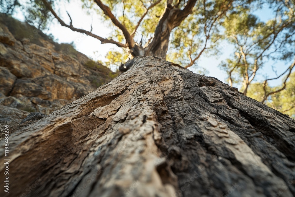 Low Angle View of a Mature Eucalyptus Tree Trunk with Rough Bark and Canopy Against Sky. Low Angle View of a Mature Eucalyptus Tree Trunk with Rough Bark and Canopy Against Sky.