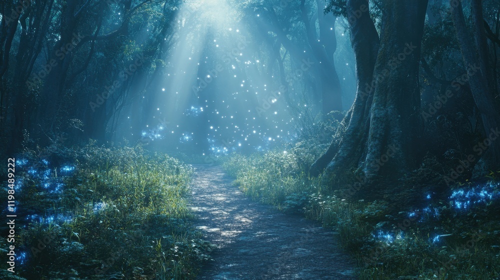 Enchanted Forest Path with Ethereal Lights and Mystical Atmosphere. Enchanted Forest Path with Ethereal Lights and Mystical Atmosphere.