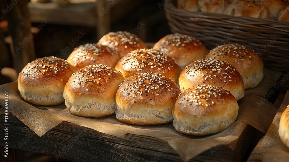 Freshly Baked Assorted Spelt Rolls with Sunflower and Sesame Seeds in Rustic Bakery Setting Freshly Baked Assorted Spelt Rolls with Sunflower and Sesame Seeds in Rustic Bakery Setting