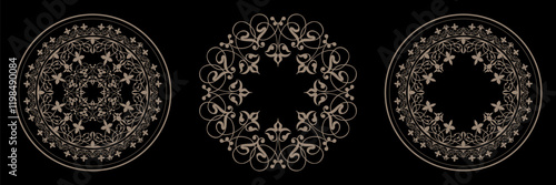 Collection of decorative luxury gold round frames for design. Circle gold modern frame. Elegant element for design in Eastern style. Template for textile, engraving, invitation, embroidery, porcelain