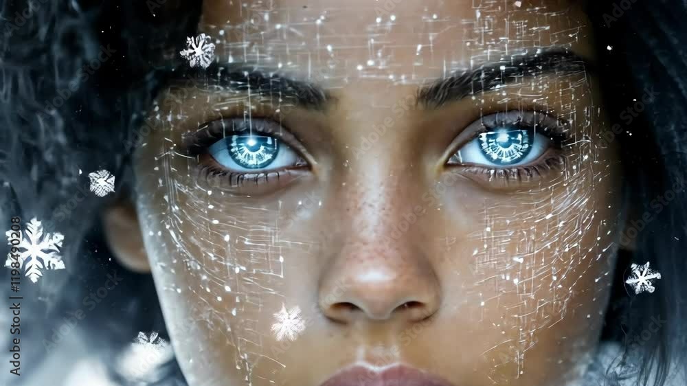 Woman with glowing blue eyes and snowflake patterns overlay during winter season Woman with glowing blue eyes and snowflake patterns overlay during winter season