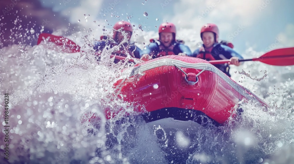 Fototapeta premium Thrilling Whitewater Rafting Adventure Team Paddling Rapids
