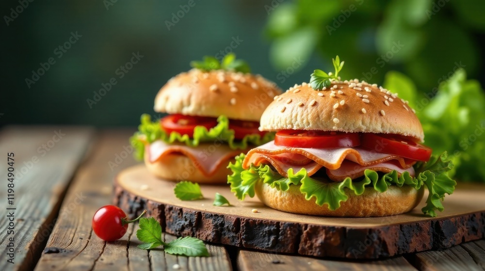 Delicious Sesame Seed Buns Filled with Sliced Tomato, Crisp Lettuce, and Thinly Sliced Premium Deli Meat on Rustic Wooden Board Delicious Sesame Seed Buns Filled with Sliced Tomato, Crisp Lettuce, and Thinly Sliced Premium Deli Meat on Rustic Wooden Board