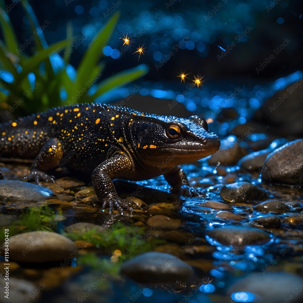 Fototapeta premium Italian Crested Newt in Moonlight by a Serene Stream