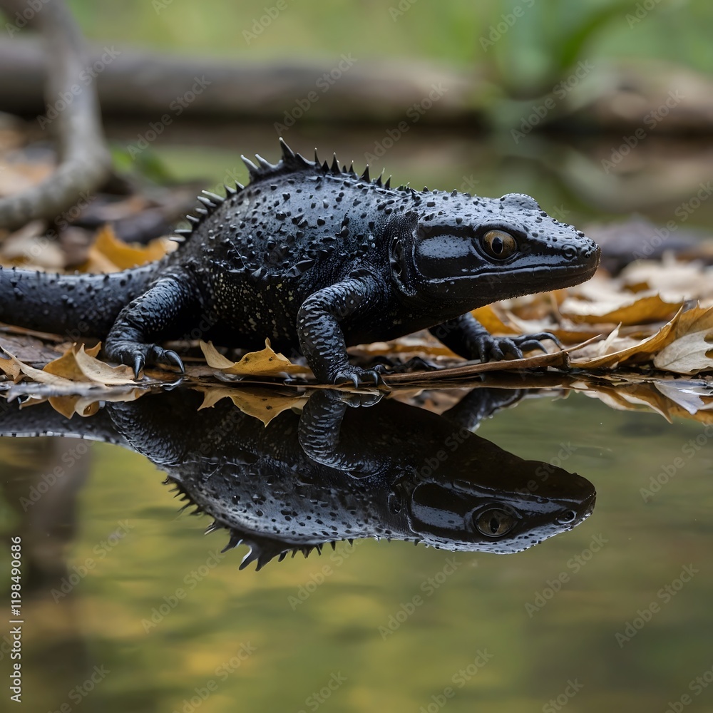 Fototapeta premium A Quiet Reflection: Italian Crested Newt Gazing Into Still Waters