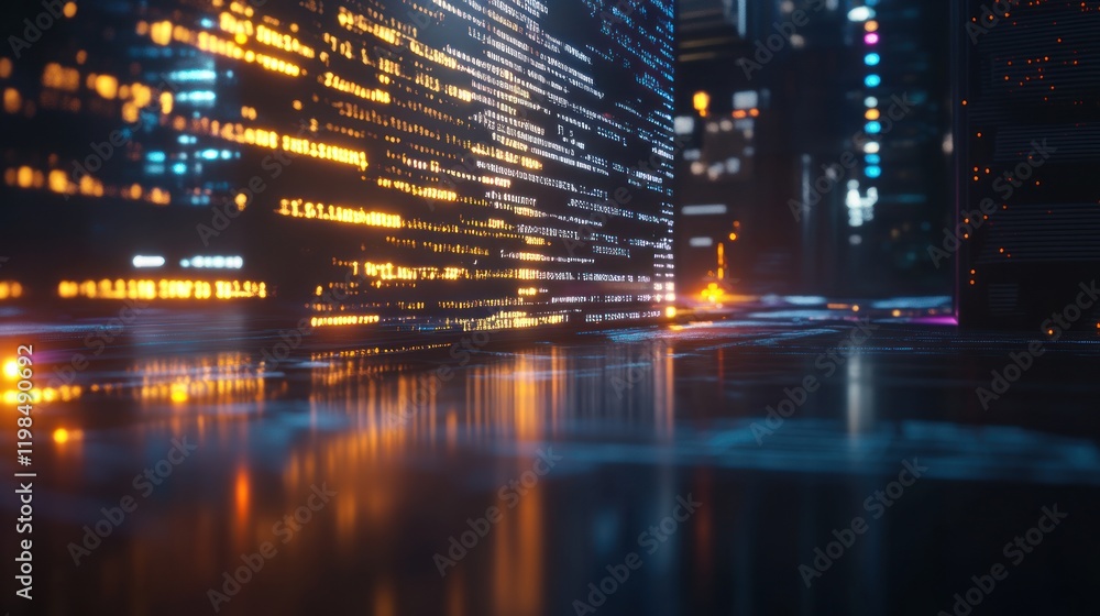 Cyberpunk Cityscape: Digital Rain and Glowing Codes