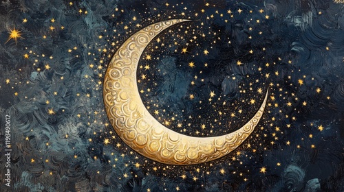 Wallpaper Mural Golden Crescent Moon and Sparkling Stars on Textured Dark Blue Night Sky, Abstract Impressionist Painting. Torontodigital.ca