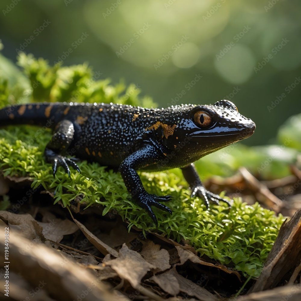 Italian Crested Newt Resting Peacefully in a Lush Forest Habitat Italian Crested Newt Resting Peacefully in a Lush Forest Habitat