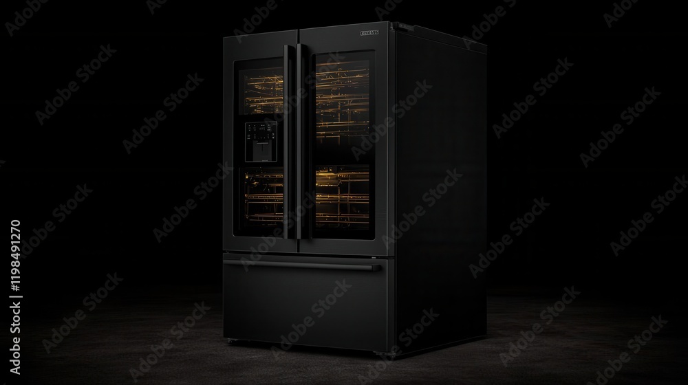 Sleek black refrigerator modern kitchen appliance showcase dark environment front view contemporary design Sleek black refrigerator modern kitchen appliance showcase dark environment front view contemporary design