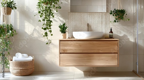 Bathroom interior concept. Elegant bathroom with wooden vanity, plants, and soft towels for a serene atmosphere.