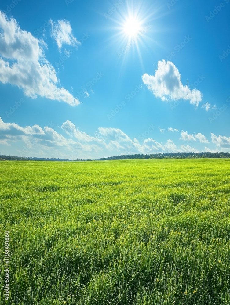 Obraz premium Vast Green Meadow Under a Bright Sunny Sky with Fluffy White Clouds