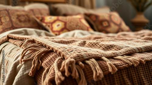 Cozy Knitted Blanket on a Bed: Warm Autumn Vibes, Bohemian Decor, Home Comfort photo