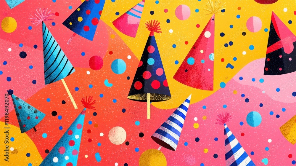 Fototapeta premium Colorful Party Hats and Confetti on Bright Background
