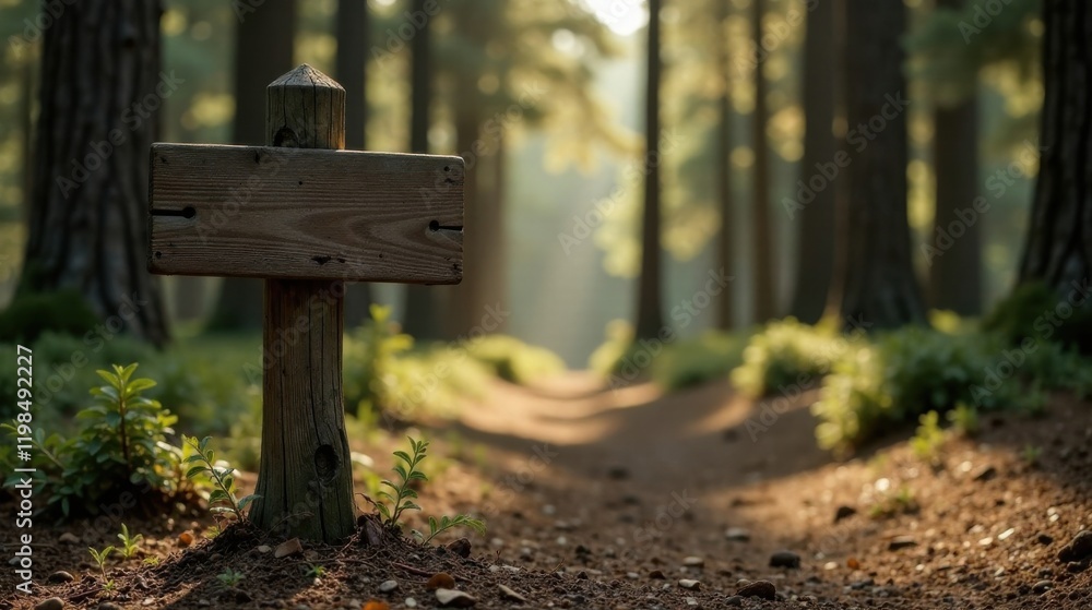 Rustic Wooden Signpost on a Forest Trail Beckoning Adventurers to Explore the Serene Woodland Path Rustic Wooden Signpost on a Forest Trail Beckoning Adventurers to Explore the Serene Woodland Path