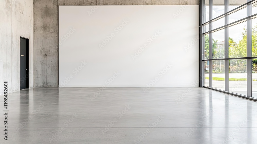 Fototapeta premium Industrial room interior idea. Spacious interior with large windows and minimalistic design, perfect for modern spaces.
