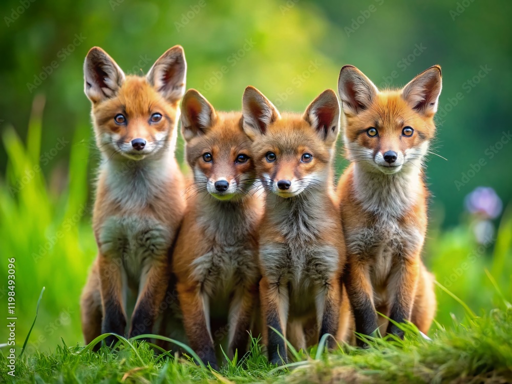 Adorable Red Fox Kits Huddled Together - Wildlife Stock Photo Adorable Red Fox Kits Huddled Together - Wildlife Stock Photo