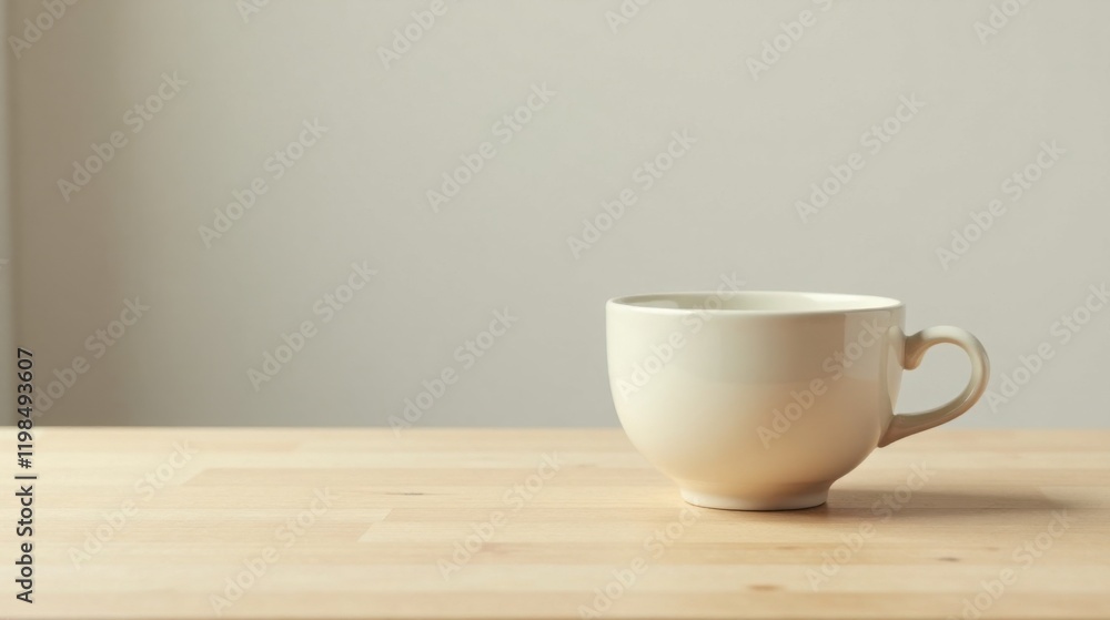 A simple off-white mug sits on a light wooden surface against a muted background, ready for your morning beverage. A simple off-white mug sits on a light wooden surface against a muted background, ready for your morning beverage.