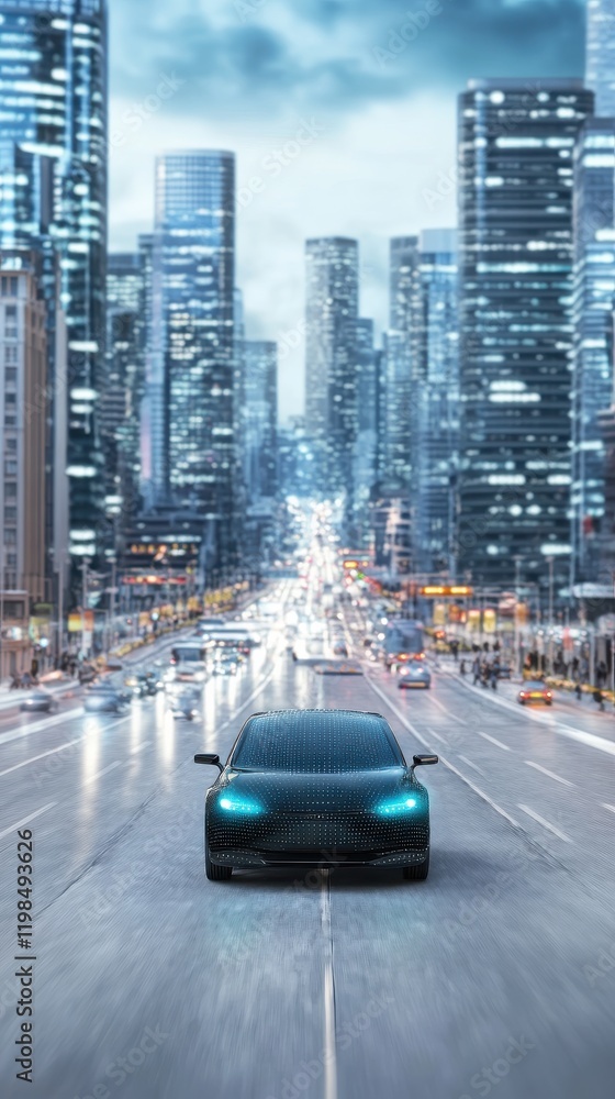 A sleek car drives through a futuristic cityscape, illuminated by tall skyscrapers and soft city lights under a cloudy sky. A sleek car drives through a futuristic cityscape, illuminated by tall skyscrapers and soft city lights under a cloudy sky.