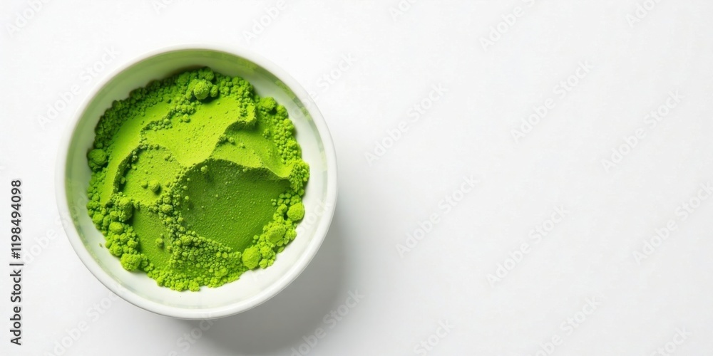 Obraz premium A small bowl of vibrant green powder, finely textured and subtly mountainous, sits against a pristine white backdrop, offering a tranquil and visually appealing image.