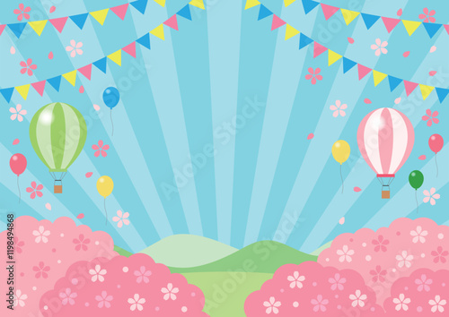 春の行楽背景、横、桜、イラスト、かわいい、風船、気球、集中線