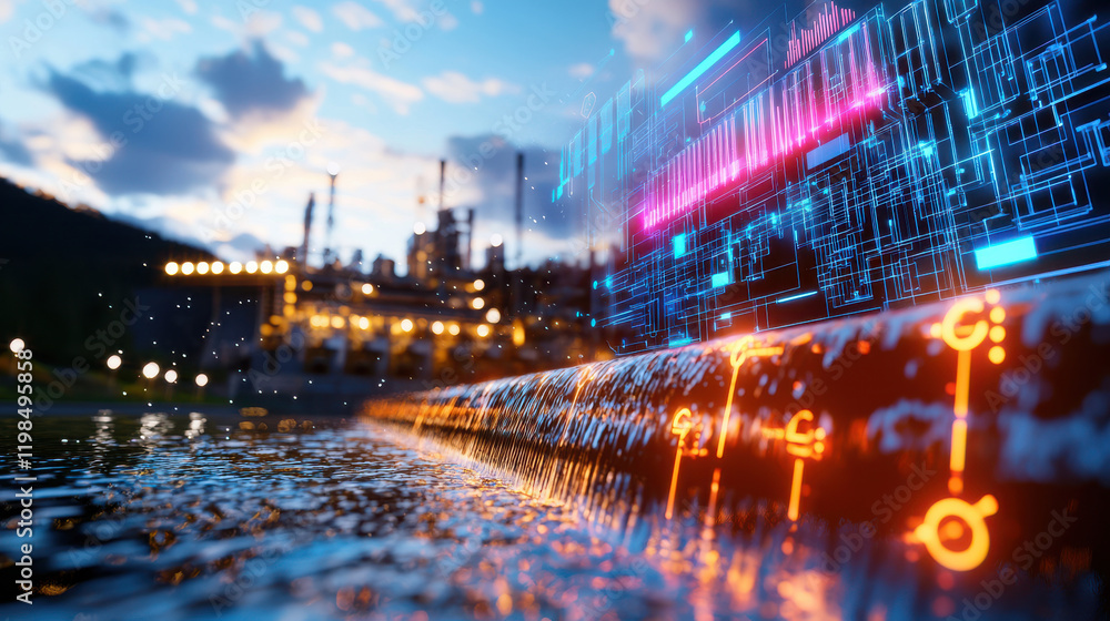 Obraz premium cinematic view of hydroelectric plant with cascading water and digital elements, showcasing technology and nature in harmony