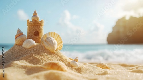 Fototapeta Naklejka Na Ścianę i Meble -  Sandcastle On A Beach With Seashells And Waves