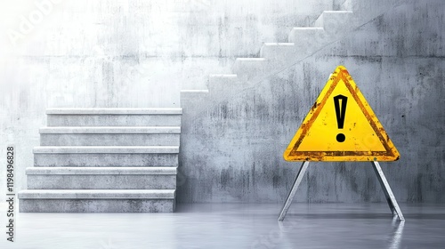 A caution sign stands next to stairs in a dimly lit, industrial space, emphasizing safety awareness in potentially hazardous areas.