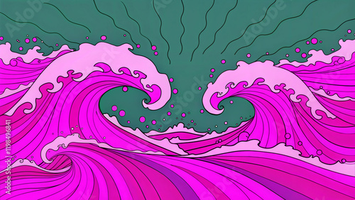 Psychedelic green wave design with pink accents