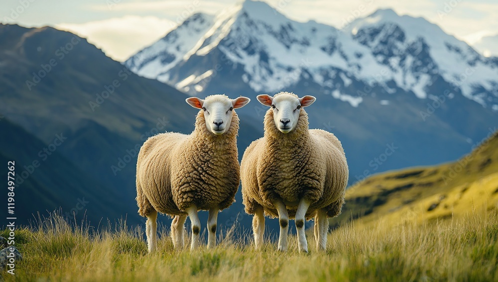 Naklejka premium Two Sheep Stand Serenely in Mountain Pasture, Majestic Peaks Background, Peaceful Scene, Breathtaking Scenery, Idyllic Setting,