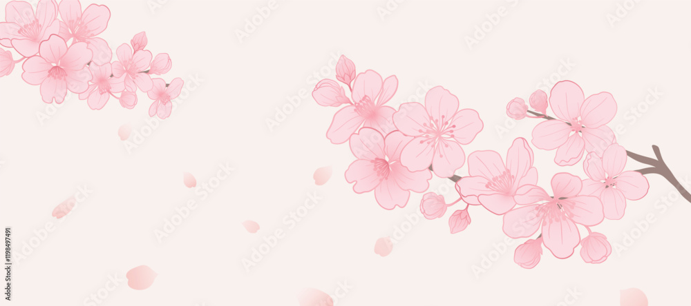 Spring Japanese Cherry blossom flower background vector. Sakura floral Wallpaper design of elegant cherry blossom flower, branch. Illustration for banner, wall decoration, backdrop, ads. Spring Japanese Cherry blossom flower background vector. Sakura floral Wallpaper design of elegant cherry blossom flower, branch. Illustration for banner, wall decoration, backdrop, ads.
