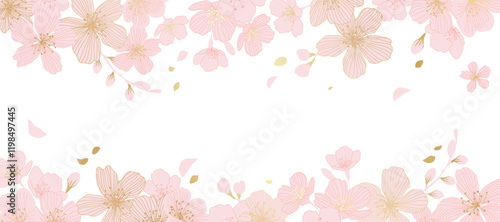 Spring Japanese Cherry blossom flower background vector. Sakura floral Wallpaper design of elegant gold line cherry blossom flower, branch. Illustration for banner, wall decoration, backdrop, ads.