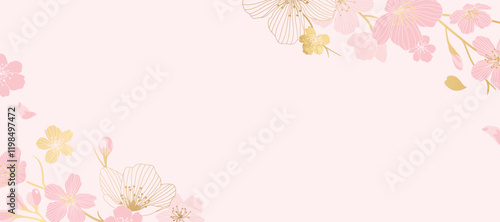 Spring Japanese Cherry blossom flower background vector. Sakura floral Wallpaper design of elegant gold line cherry blossom flower, branch. Illustration for banner, wall decoration, backdrop, ads.