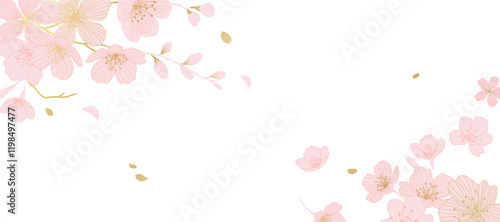 Spring Japanese Cherry blossom flower background vector. Sakura floral Wallpaper design of elegant gold line cherry blossom flower, branch. Illustration for banner, wall decoration, backdrop, ads.